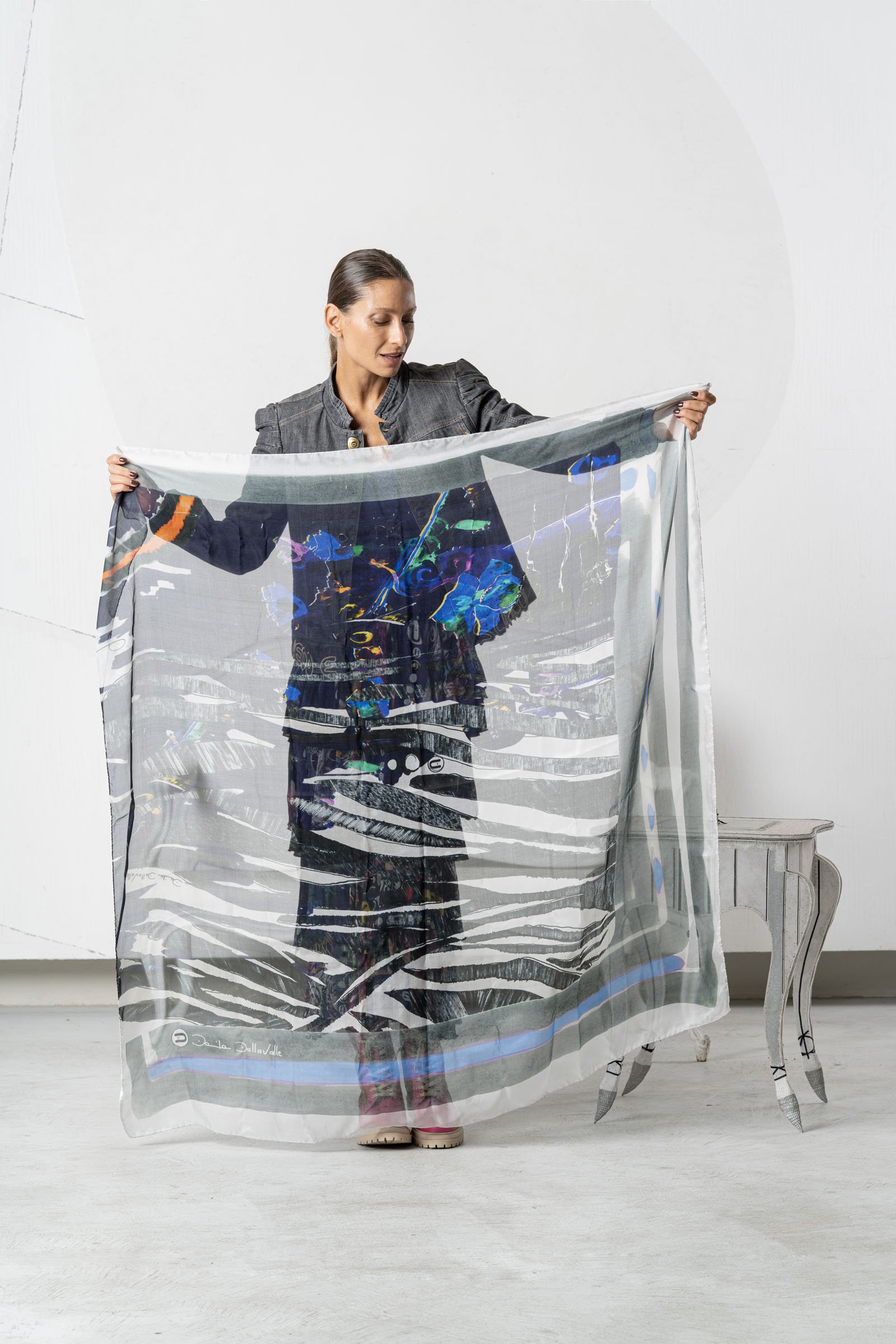 TM3XMM~G Black and white silk scarf with '16 April' print - Image 1